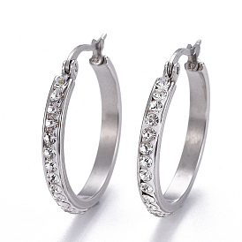 304 Stainless Steel Hoop Earrings, with Polymer Clay Rhinestone, Crystal