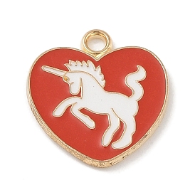 Alloy Enamel Pendants, Light Gold, Heart with Unicorn Charm