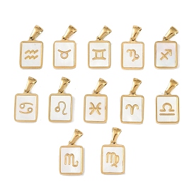 Constellations Natural White Shell Pendants, Ion Plating(IP) 304 Stainless Steel Rectangle Charms, Real 18K Gold Plated