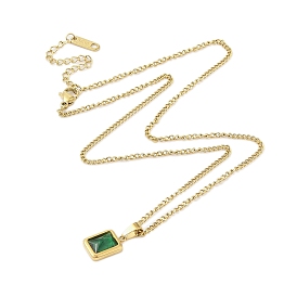 304 Stainless Steel Pave Green Cubic Zirconia Rectangle Pendant Necklaces, Long-Lasting Plated