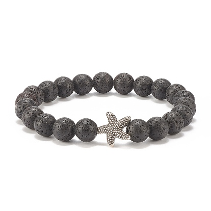 Natural Lava Rock Stretch Bracelet with Alloy Starfish, Essential Oil Gemstone Jewelry for Women