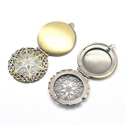 Brass Diffuser Locket Pendants, Photo Frame Charms for Necklaces, Cadmium Free & Nickel Free & Lead Free, Flat Round