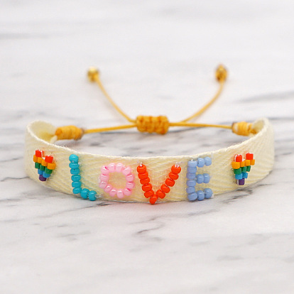 Colorful Rainbow Heart Bracelet with LOVE Letter for Couples - Handmade Beaded Woven String Jewelry