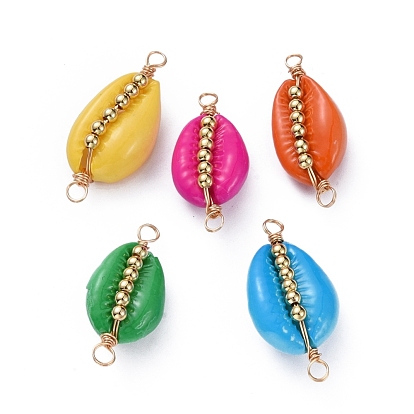 Spray Paint Cowrie Shell Links, with Golden Plated Copper Wire and Brass Beads