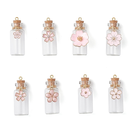 8 шт. подвески в виде стеклянных бутылок-цветков с желаниями, с эмалевым сплавом, пластиковой жемчужной фурнитурой и железной петлей