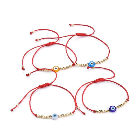 Adjustable Nylon Cord Braided Bead Bracelets, with Handmade Evil Eye Lampwork Beads and Brass Beads