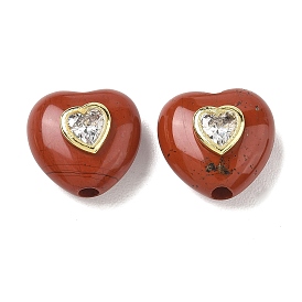 Perlas de jaspe rojo naturales, corazón, con hallazgos de circonita cúbica clar micro pavé de latón, dorado