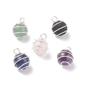 Natural Gemstone Pendants, with Silver Tone Copper Wire Wrapped, Round