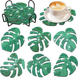 Leaf DIY Diamond Painting Coaster Kits, with Resin Rhinestones, Diamond Sticky Pen, Tray Plate and Glue Clay
