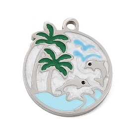 Pendentifs en acier inoxydable, avec l'émail, plat rond avec des breloques dauphin et cocotier, colorées