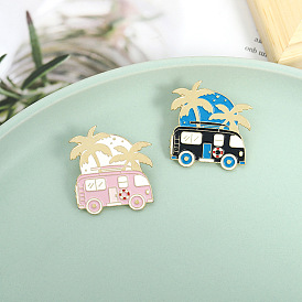Creative Cartoon Outdoor Travel Bus Alloy Brooch Coconut Tree Badge Pin Clasp to Prevent Slipping for Traveling Cars and Buses