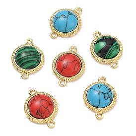 Brass & Synthetic Turquoise/Malachite Connector Charms, Half Round Links, Long-Lasting Plated, Cadmium Free & Lead Free, Rack Plating, Real 18K Gold Plated