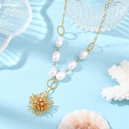 Brass Micro Pave Cubic Zirconia Flower Pendant Figaro Chain Necklaces with Natural Pearl for Women, White