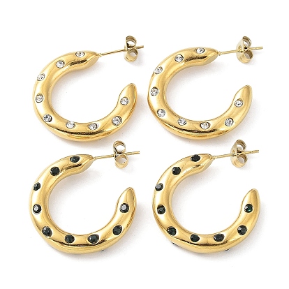 Real 18K Gold Plated 304 Stainless Steel Ring Stud Earrings with Rhinestone, Half Hoop Earrings