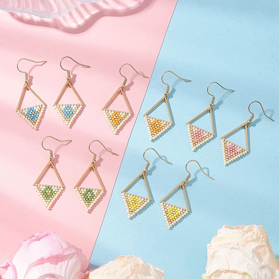 Серьги-подвески из стеклянных бусин в форме ромба с треугольником, с 304 нержавеющей стали серьги крючки, золотые