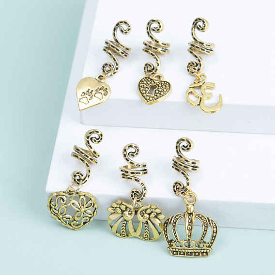 Vintage Hair Accessories Alloy Crown Heart Pendant Spiral Charm for Braids