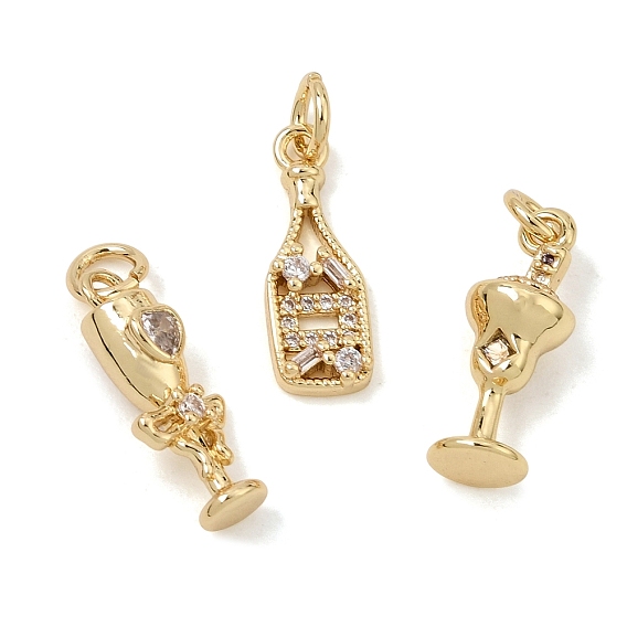 Brass Micro Pave Clear Cubic Zirconia Pendants, Wine Glass/Champagne Bottle Charms, Rack Plating, Long-Lasting Plated, Cadmium Free & Lead Free