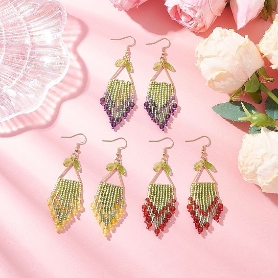 3Pair 304 Stainless Steel Leaf Dangle Earrings, with Glass Seed & Amethyst & Carnelian & Yellow Quartz & Natural Agate, Golden