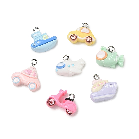 10Pcs Traffic Theme Opaque Resin Pendants, Mixed Shapes Charm, with Platinum Iron Loops
