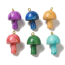 Dyed Natural Dolomite Pendants, Mushroom Charms with Golden Plated Metal Loops