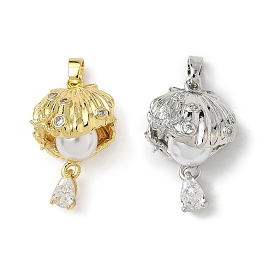 Латунные микро проложить кубического циркония подвески, форма ракушки с каплей, с abs имитационными жемчужными бусинами 