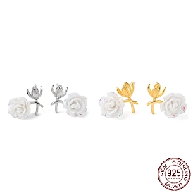 Rhodium Plated 925 Sterling Silver Stud Earring Findings, with Resin, Flower, for Half Drilled Beads, with S925 Stamp