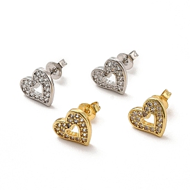 Clear Cubic Zirconia Hollow Out Heart Stud Earrings, Rack Plating Brass Jewelry for Women, Cadmium Free & Lead Free