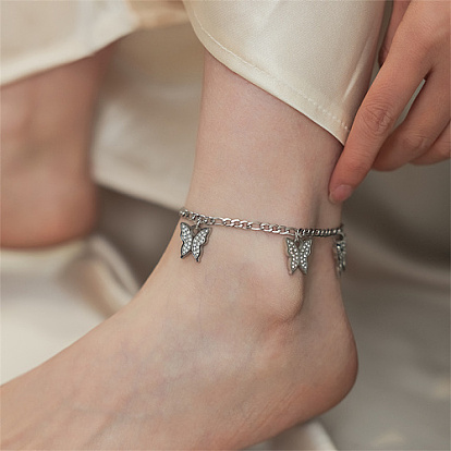 Glass Butterfly Charm Anklet with Stainless Steel Figaro Chains