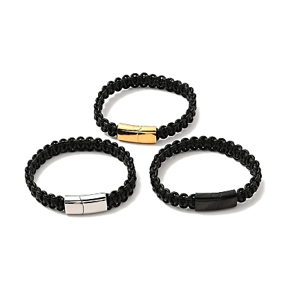 Black Leather Braided Cord Bracelet with 304 Stainless Steel Magnetic Clasp for Men Women