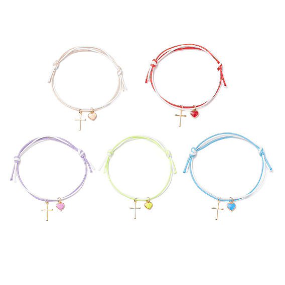 5шт. регулируемые браслеты из вощеного полиэфирного шнура, сплав эмали и 304 браслеты из нержавеющей стали с подвесками для мужчин и женщин в виде сердца и креста