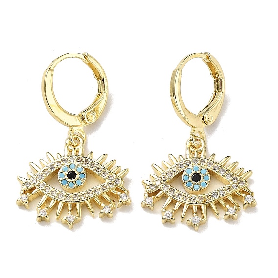 Golden Brass Dangle Leverback Earrings, with Cubic Zirconia, Evil Eye