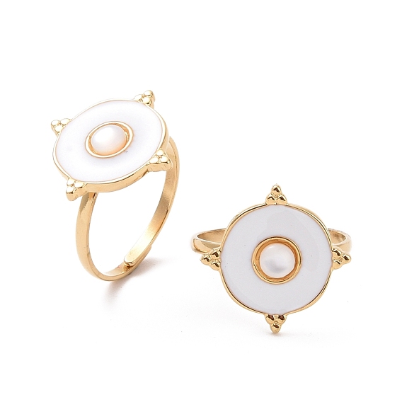 Natural White Shell Flat Round Cuff Ring with Enamel, Real 24K Gold Plated 304 Stainless Steel Jewelry for Women