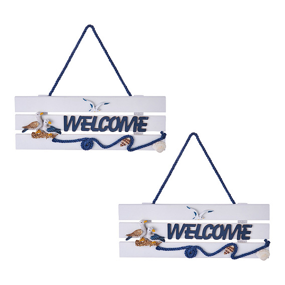 2шт 2 стиль средиземноморский стиль деревянная подвесная тарелка, с хлопком шнур, ракушки и смолы, прямоугольник со словом добро пожаловать