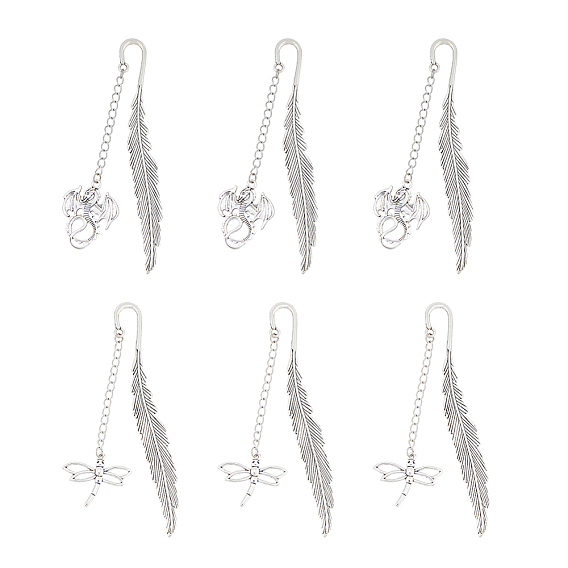 6Шт подвесные закладки из сплава в тибетском стиле, книжные маркеры с кисточками, дракон и стрекоза