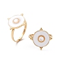Natural White Shell Flat Round Cuff Ring with Enamel, Real 24K Gold Plated 304 Stainless Steel Jewelry for Women