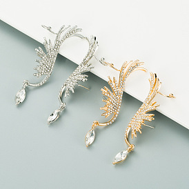 Golden Angel Wing Ear Cuff Earrings for Women with Waterdrop Rhinestones - Unique Alloy Non-Pierced Studs
