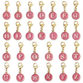 26Pcs 26 Styles Flat Round with Letter A`Z Alloy Enamel Pendant Decoration, Lobster Claw Clasps Charms for Backpack Key Chain Ornaments