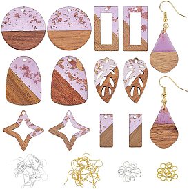 Olycraft DIY Wooden Dangle Earring Making Kits, 14Pcs Leaf & Geometry Transparent Resin & Walnut Wood Pendants, Brass Earring Hooks & Jump Rings