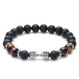 Lava Volcanic Stone Dumbbell Bracelet with Natural Tiger Eye and Matte Sodalite Beads
