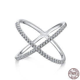 925 Sterling Silver Micro Pave Clear Cubic Zirconia Finger Ring, Criss Cross Rings with 925 Stamp