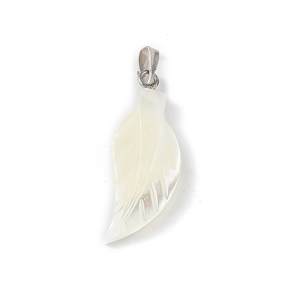 Natural Trochid Shell/Trochus Shell Pendants, Feather Charms, with Platinum Tone Iron Snap on Bails