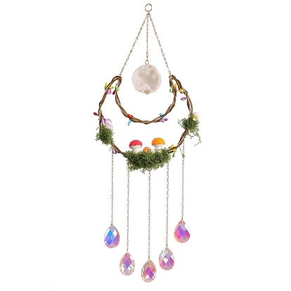 Atrapasueños colgantes de gemas naturales con forma de luna y estrella, con cuentas de vidrio y anillo de hierro y resina para decoración de exteriores y jardines.
