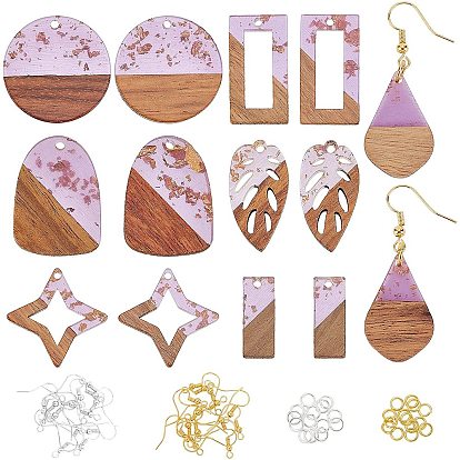 DIY Wooden Dangle Earring Making Kits, 14Pcs Leaf & Geometry Transparent Resin & Walnut Wood Pendants, Brass Earring Hooks & Jump Rings