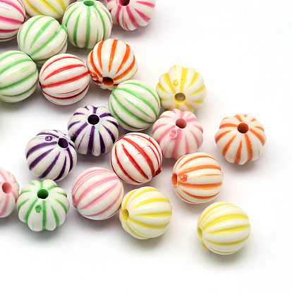Round Craft Style Acrylic Corrugated Beads, 10x9~10mm, Hole: 2mm, about 1320pcs/500g