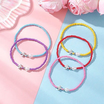 5 Браслеты из стеклянного бисера, эластичные, с латунным крестиком и искусственным жемчугом