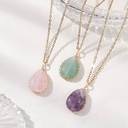 3 шт. 3 стили подвеска в форме капли из медной проволоки с натуральным аметистом, зеленым авантюрином и розовым кварцем 304 ожерелья из нержавеющей стали с цепочкой, золотые