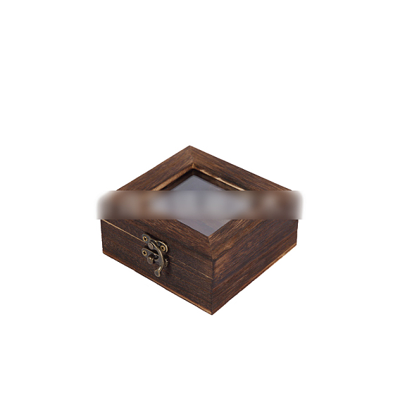 Wooden Storage Boxes, with Clear Glass Flip Cover & Iron Clasps, Square