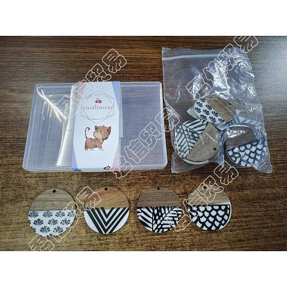 16Pcs 4 Styles Resin & Walnut Wood Pendants, Flat Round