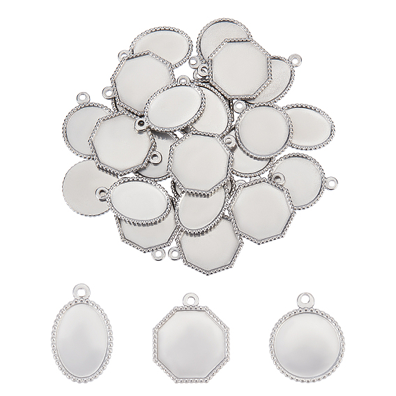 24Pcs 3 Style 304 Stainless Steel Pendant Cabochon Settings, Mixed Shape