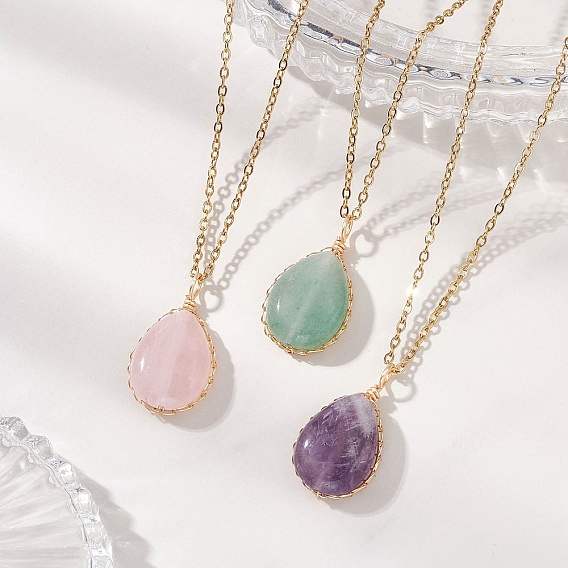 3 шт. 3 стили подвеска в форме капли из медной проволоки с натуральным аметистом, зеленым авантюрином и розовым кварцем 304 ожерелья из нержавеющей стали с цепочкой, золотые